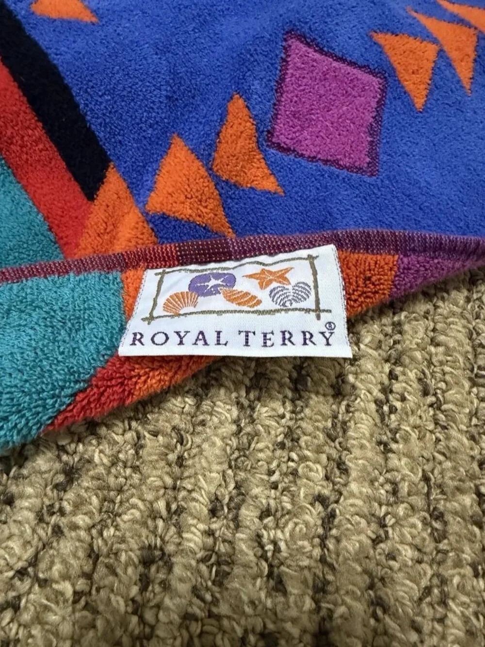 Pair Of Vintage Royal Terry Beach Towels Green Geometric Tropical